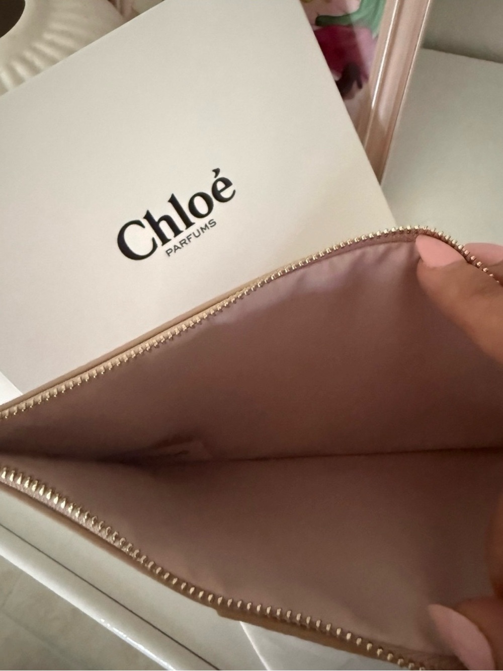 Chloé Taupe Pebbled Faux Leather Studded Zip Pouch - Picture 3 of 4